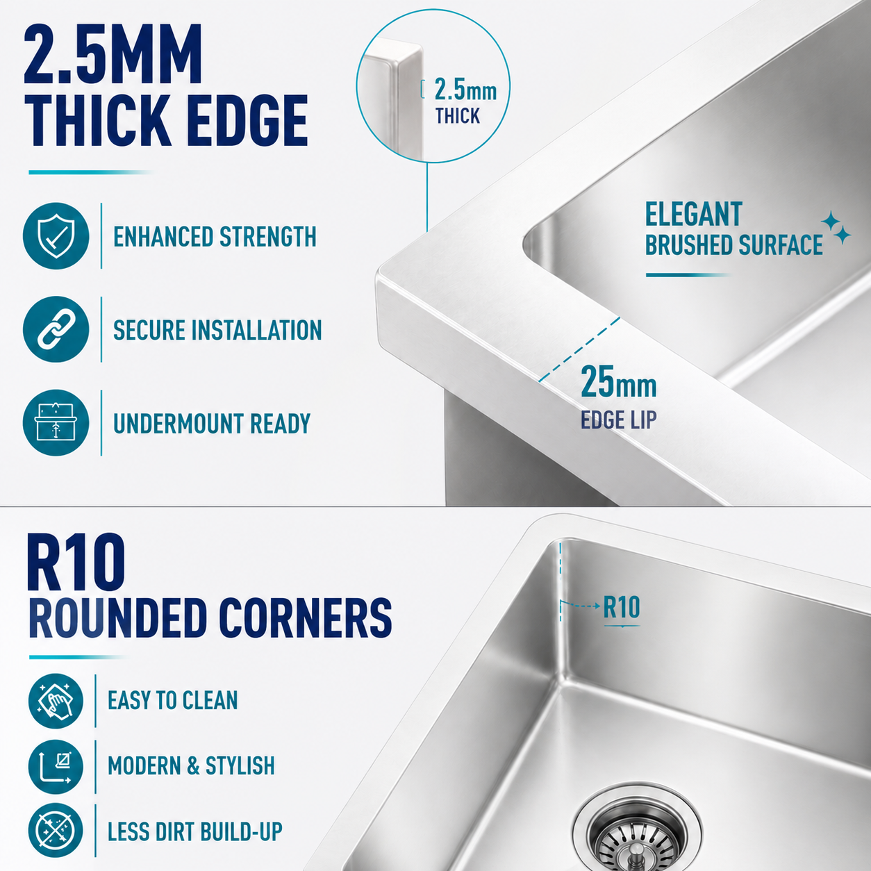 2.5mm Thick Rim Brushed Stainless Steel Kitchen Sink