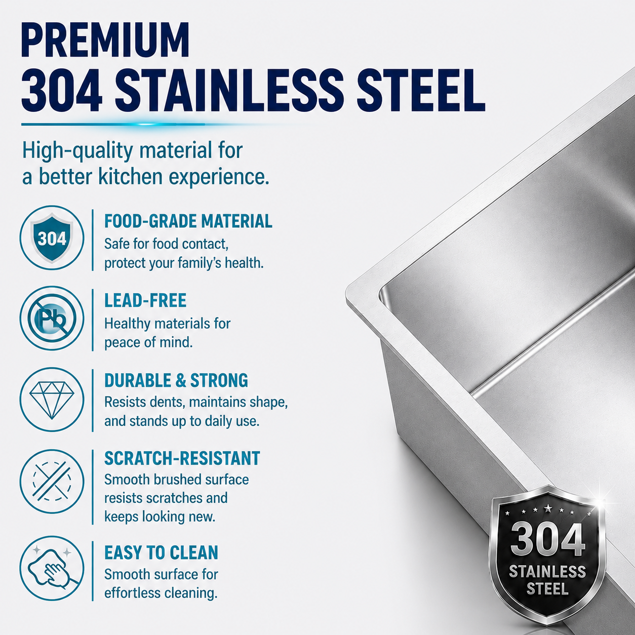 Premium 304 Stainless Steel Kitchen Sink Features