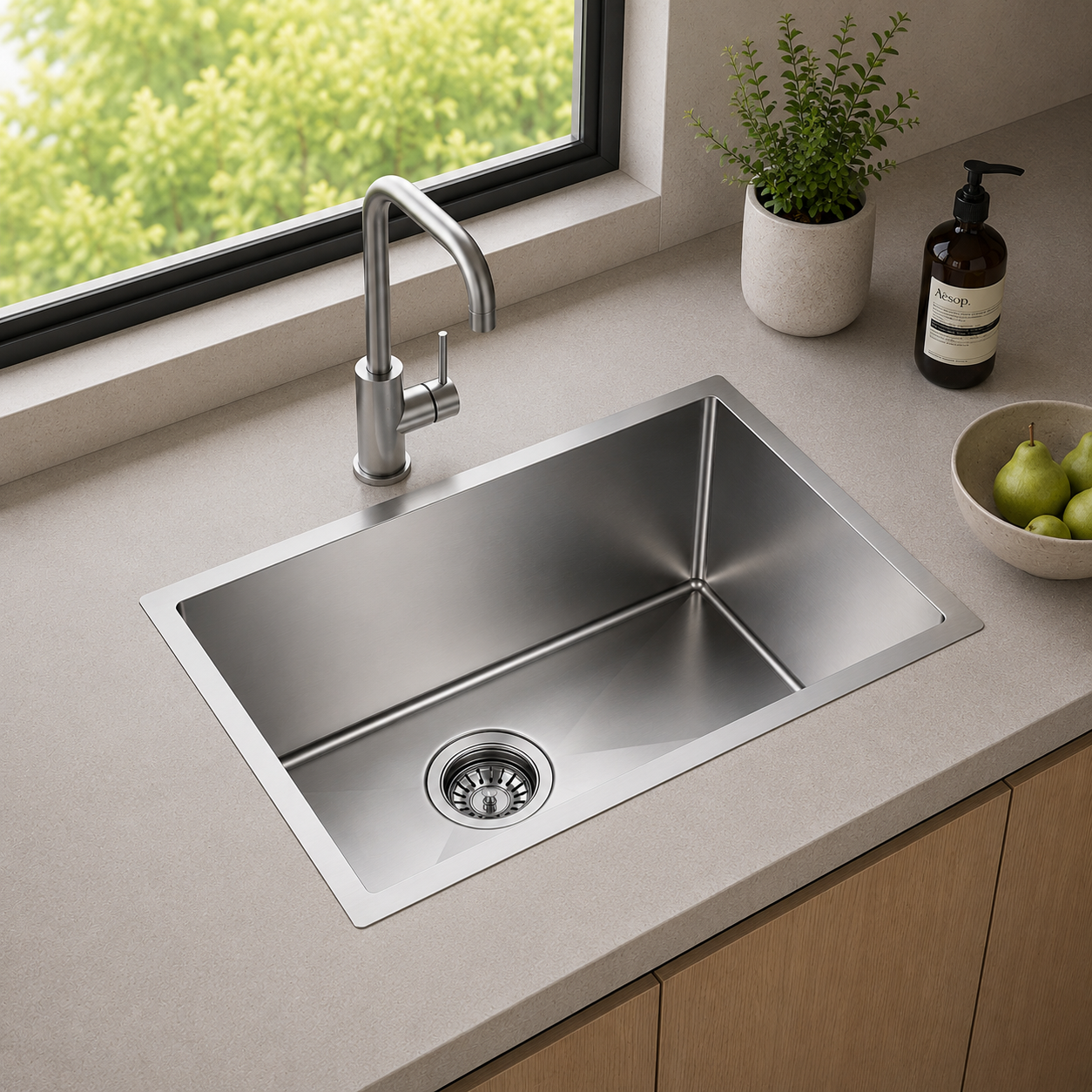 Brushed Silver Kitchen Sink Single Bowl 550x450mm 230mm Deep Noxwell KSSV-5545
