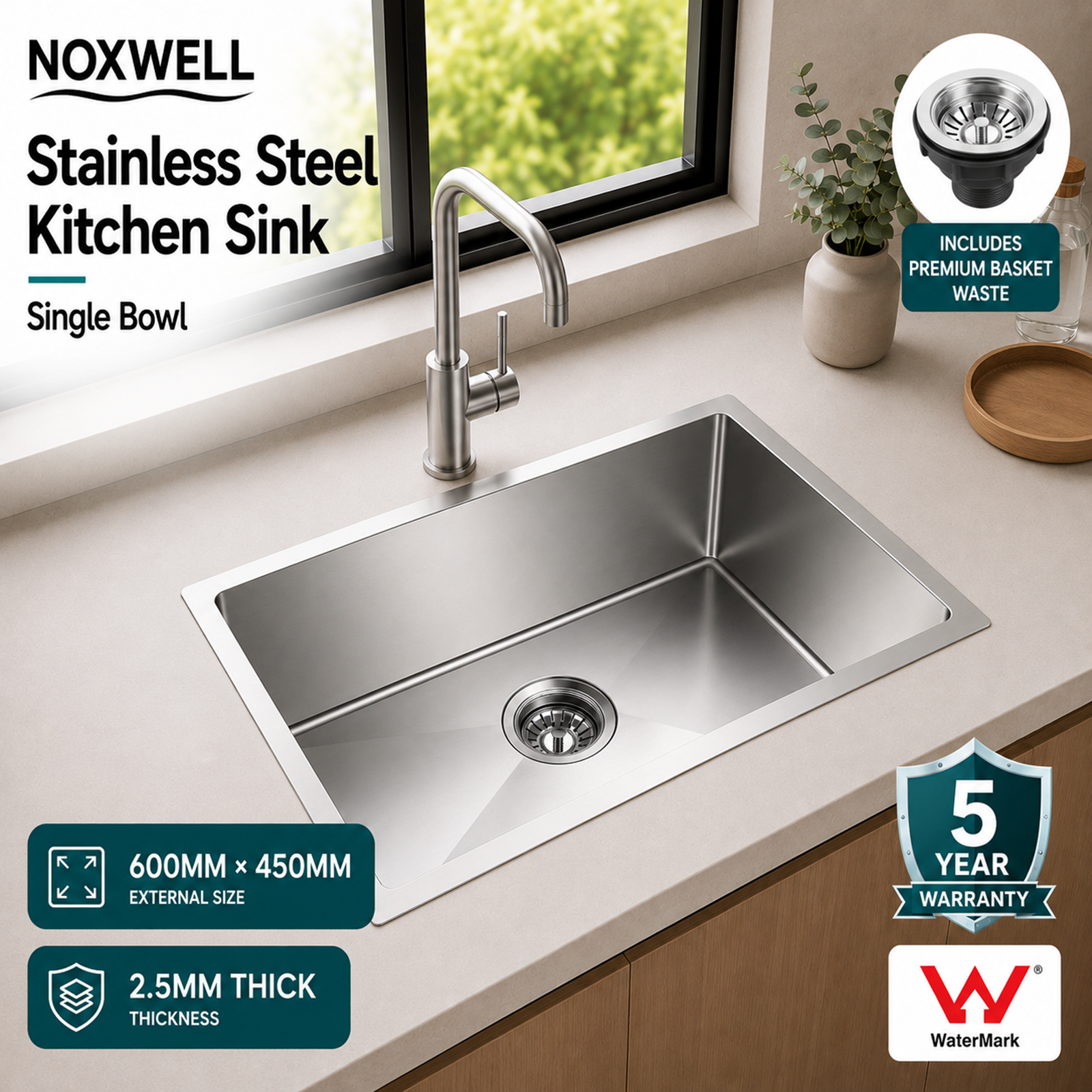 Noxwell 600×450mm Brushed Stainless Steel Kitchen Sink Single Bowl