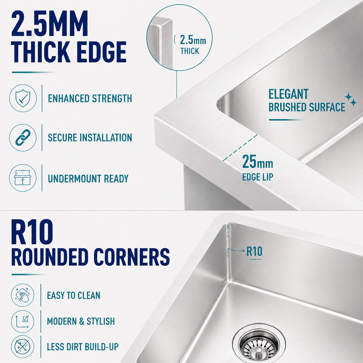2.5mm Thick Rim Brushed Stainless Steel Kitchen Sink