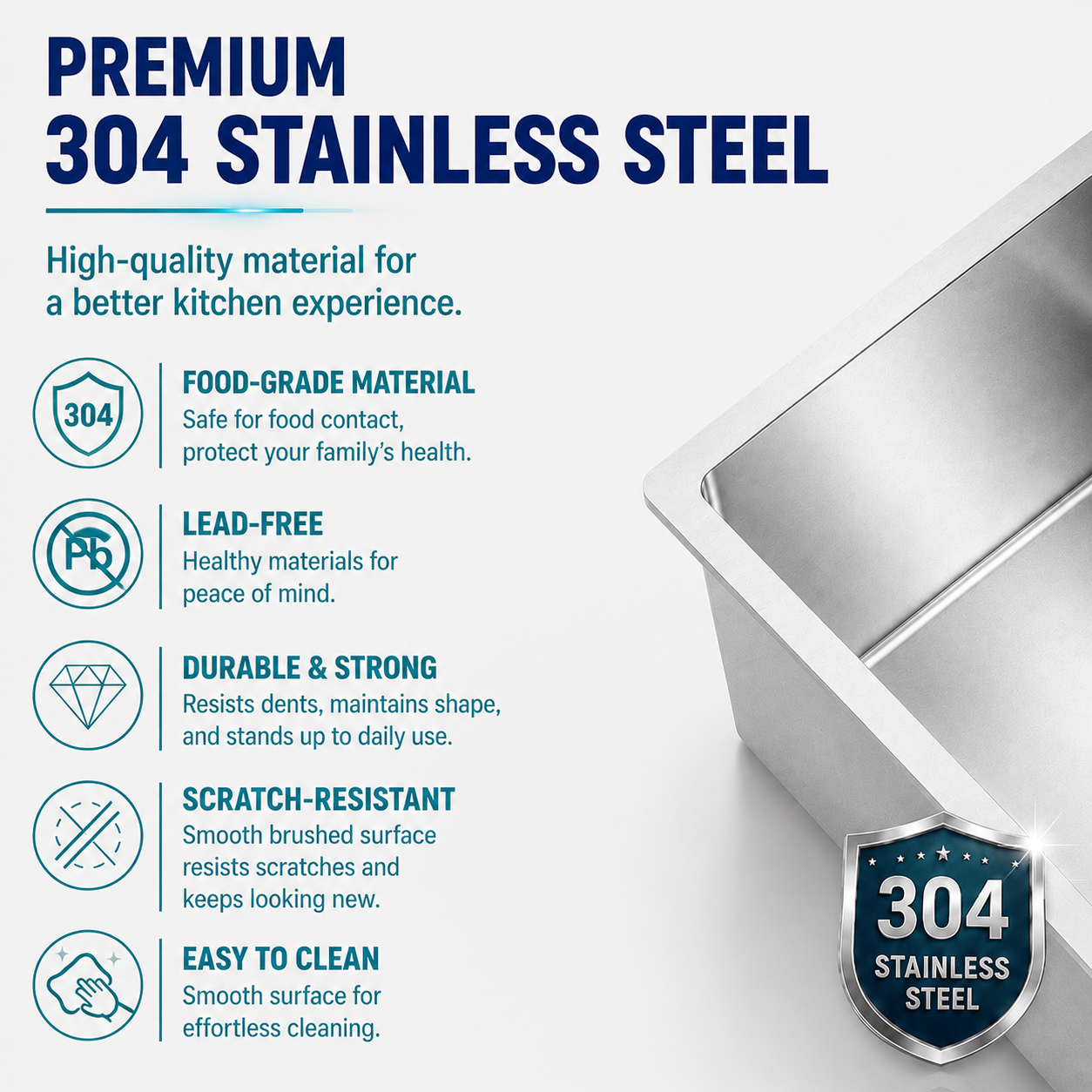 Premium 304 Stainless Steel Kitchen Sink Features