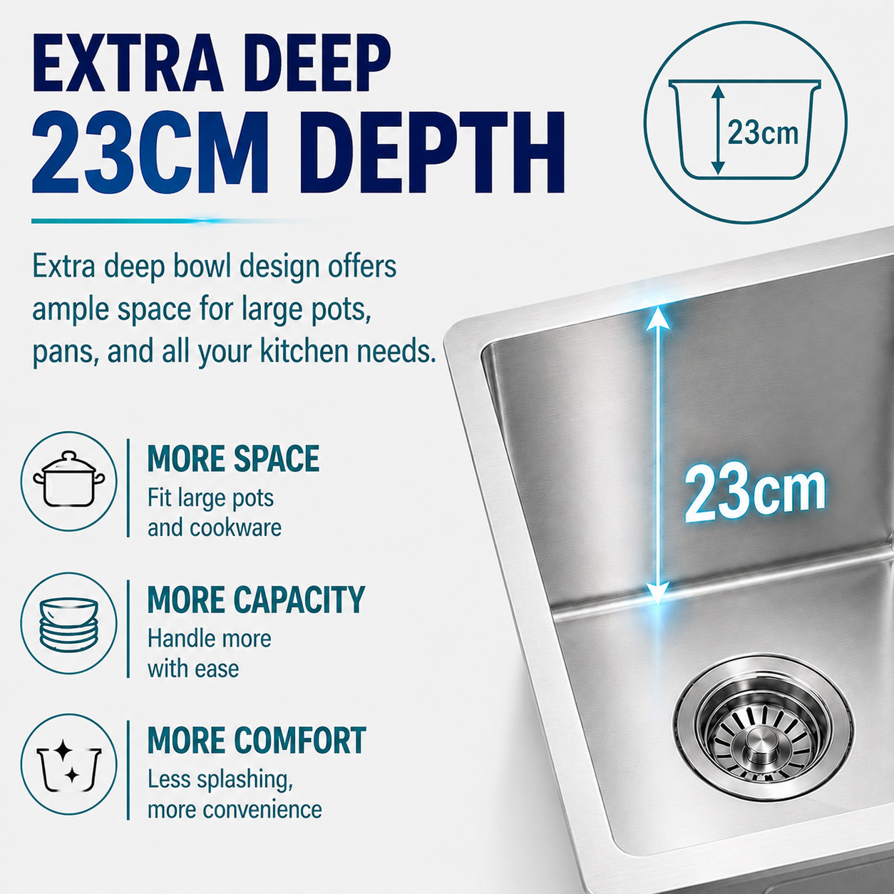 230mm Deep Single Bowl Kitchen Sink