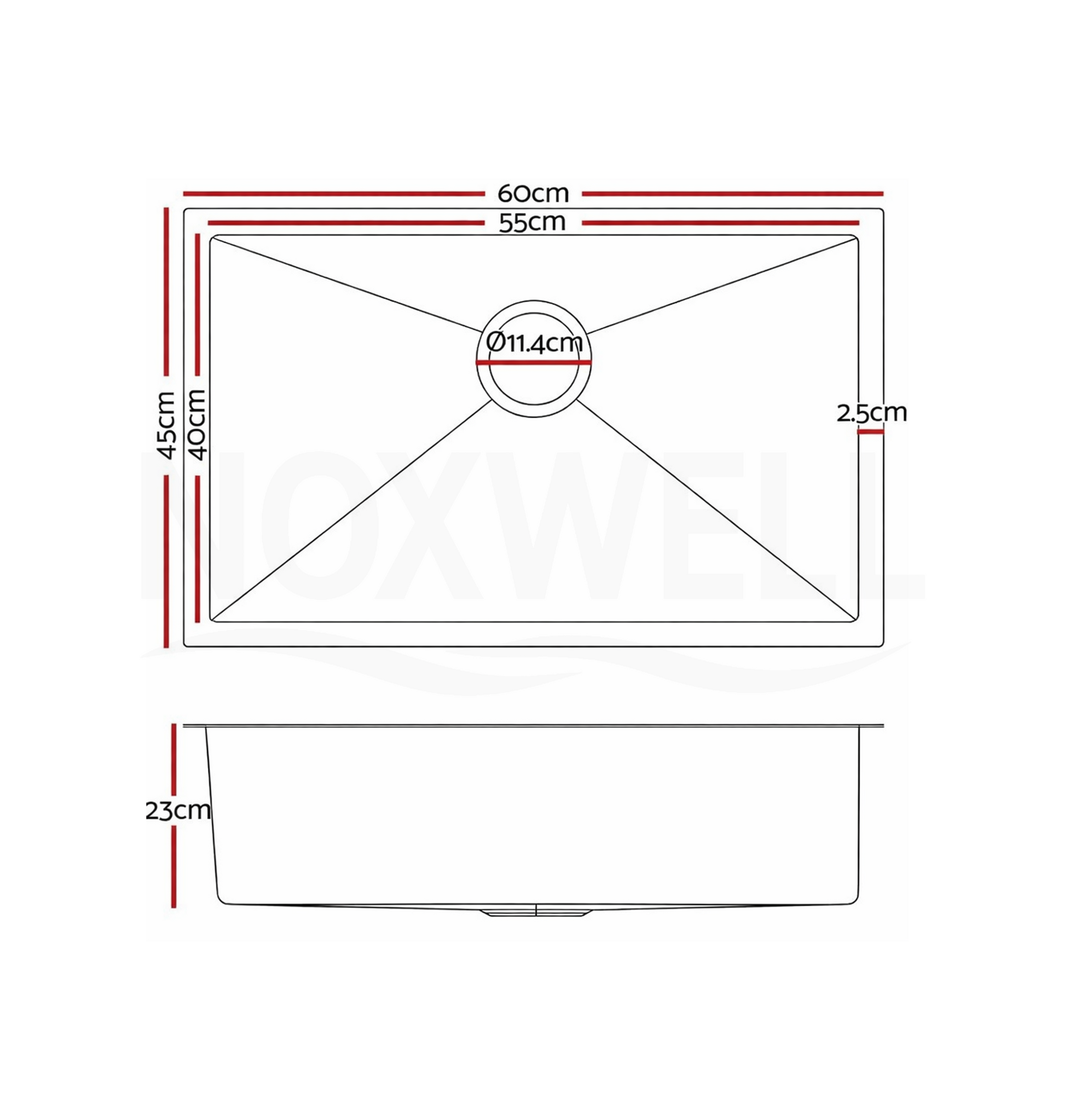 Brushed Silver Kitchen Sink Single Bowl 600x450mm 230mm Deep Handmade Noxwell KSSV-6045 Diagrakiagram