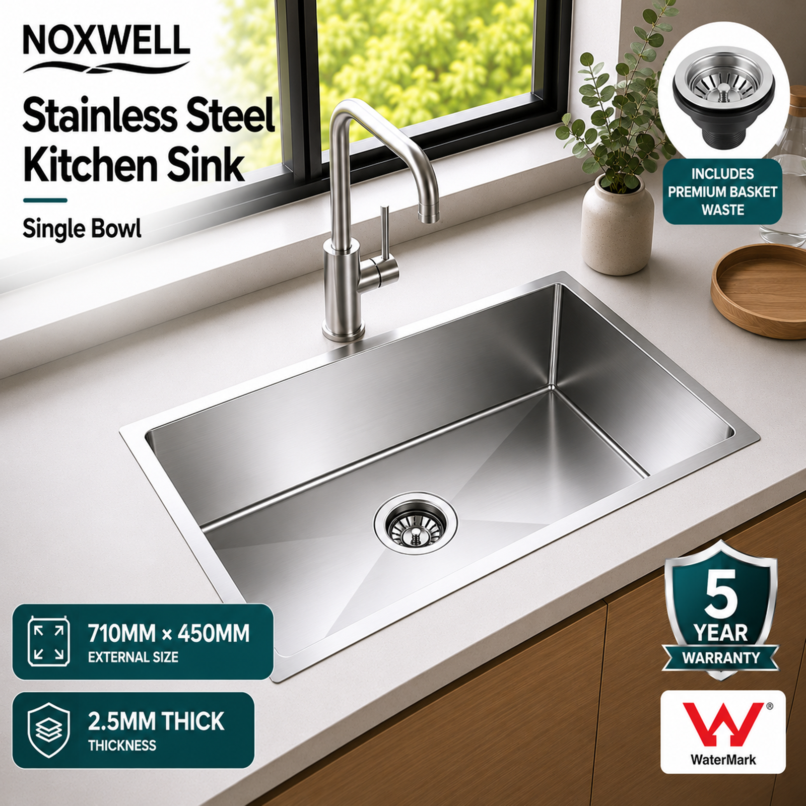 Noxwell 710×450mm Brushed Stainless Steel Kitchen Sink Installed in Modern Kitchen