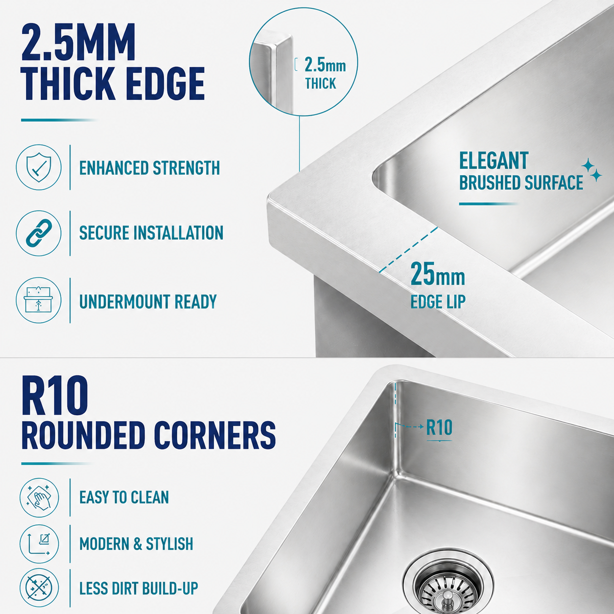 2.5mm Thick Rim Brushed Stainless Steel Kitchen Sink