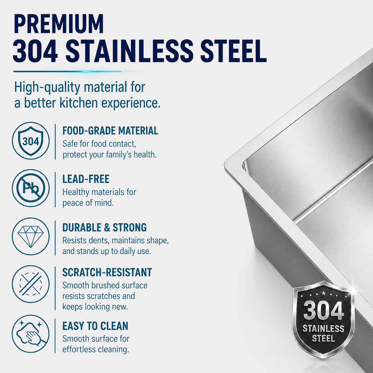 Premium 304 Stainless Steel Kitchen Sink Features