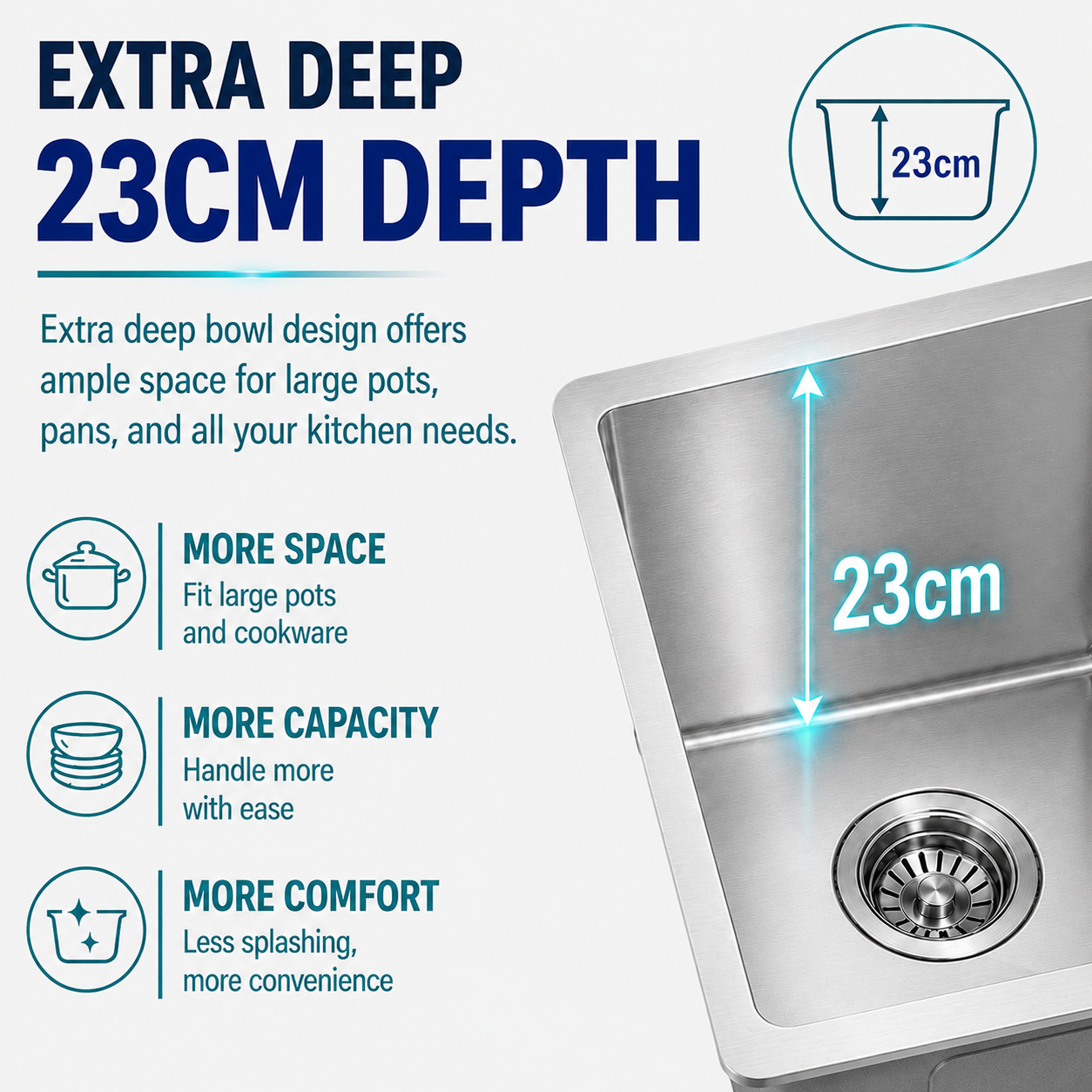 230mm Deep Single Bowl Kitchen Sink