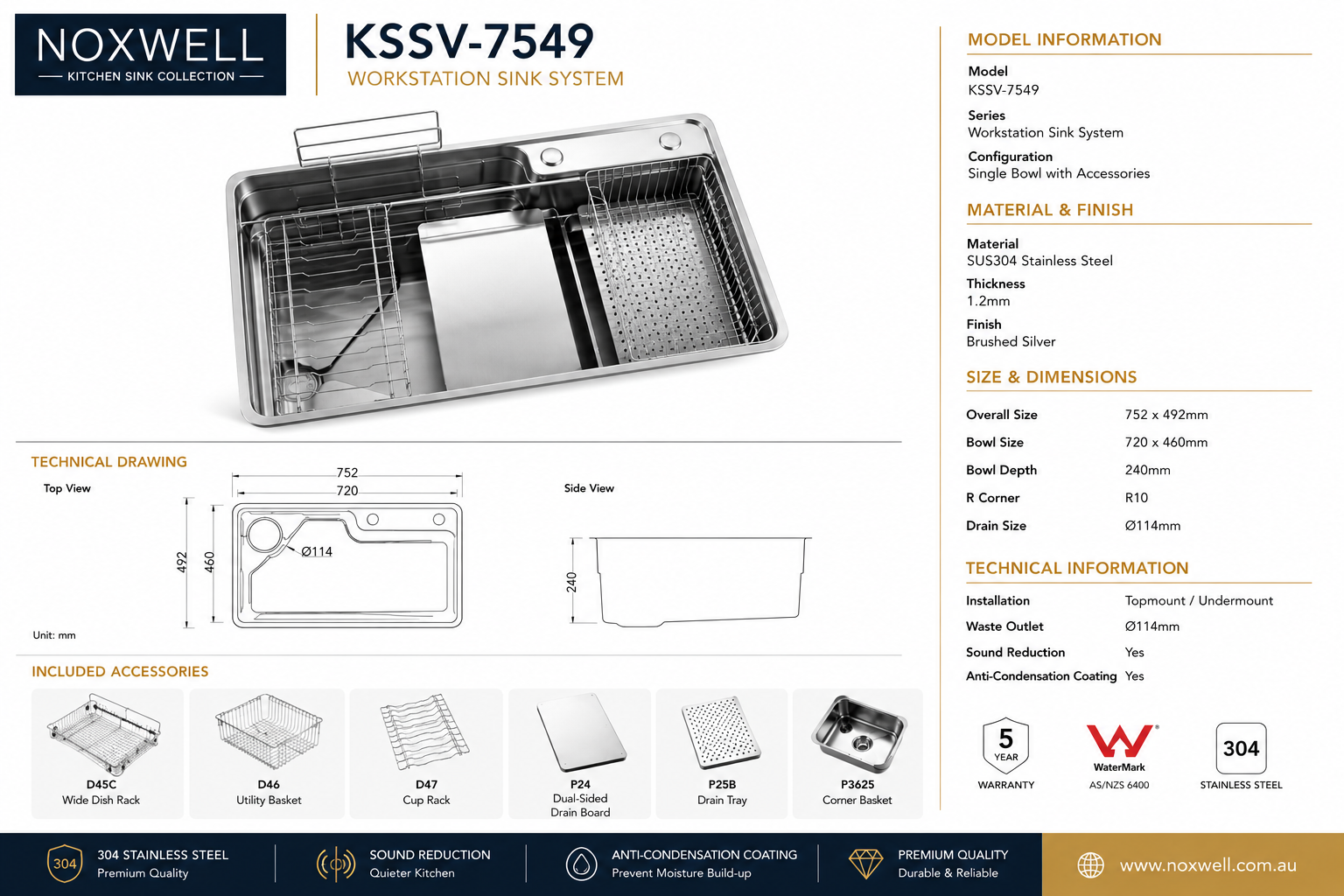 Brushed Stainless Steel Workstation Kitchen Sink Single Bowl with Accessories 752x492mm 240mm Deep Noxwell KSSV-7549 - KSSV-7549 - 752x492mm