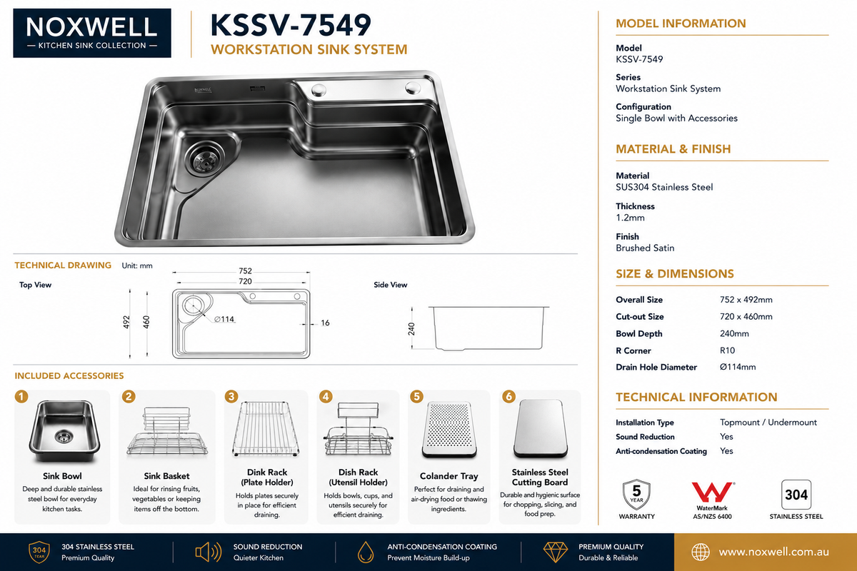 Brushed Stainless Steel Workstation Kitchen Sink Single Bowl with Accessories 752x492mm 240mm Deep Noxwell KSSV-7549