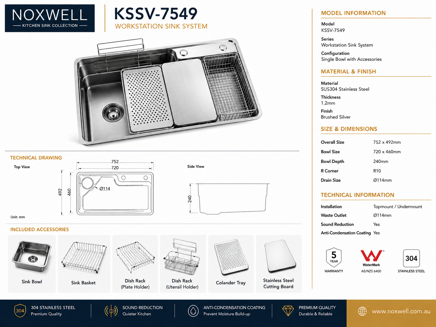 Brushed Stainless Steel Workstation Kitchen Sink Single Bowl with Accessories 752x492mm 240mm Deep Noxwell KSSV-7549