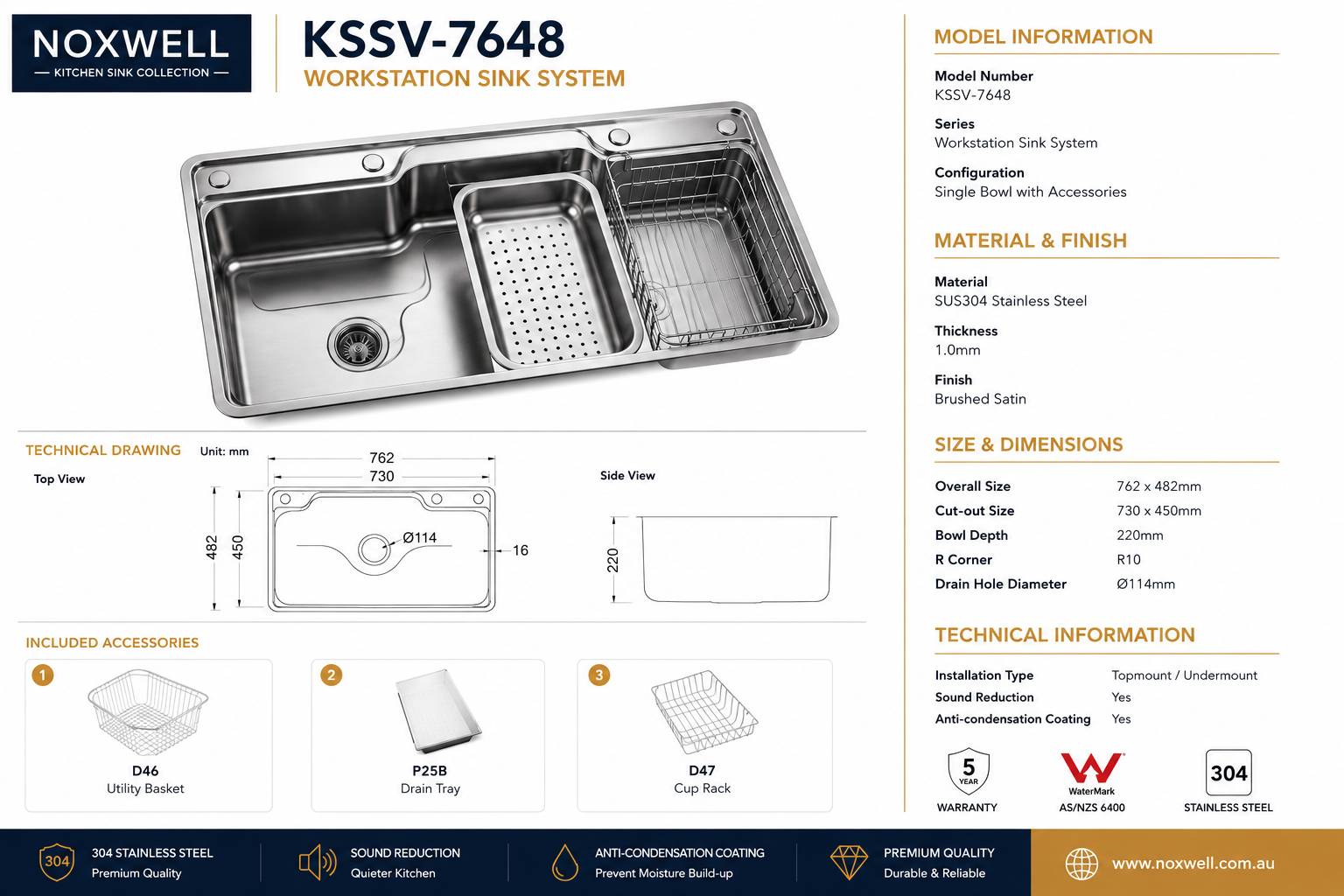 Brushed Stainless Steel Workstation Kitchen Sink Single Bowl with Accessories 762x482mm 220mm Deep Noxwell KSSV-7648 - KSSV-7648 - 762x482mm