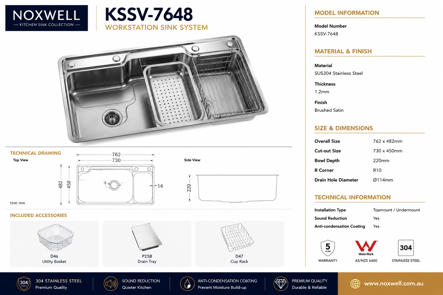 Brushed Stainless Steel Workstation Kitchen Sink Single Bowl with Accessories 762x482mm 220mm Deep Noxwell KSSV-7648 - KSSV-7648 - 762x482mm
