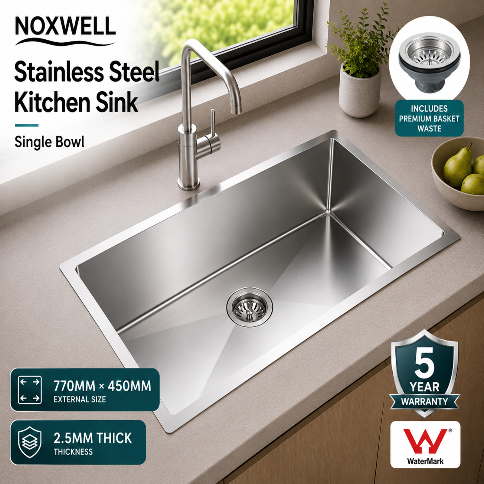 Noxwell 770×450mm Brushed Stainless Steel Kitchen Sink Single Bowl