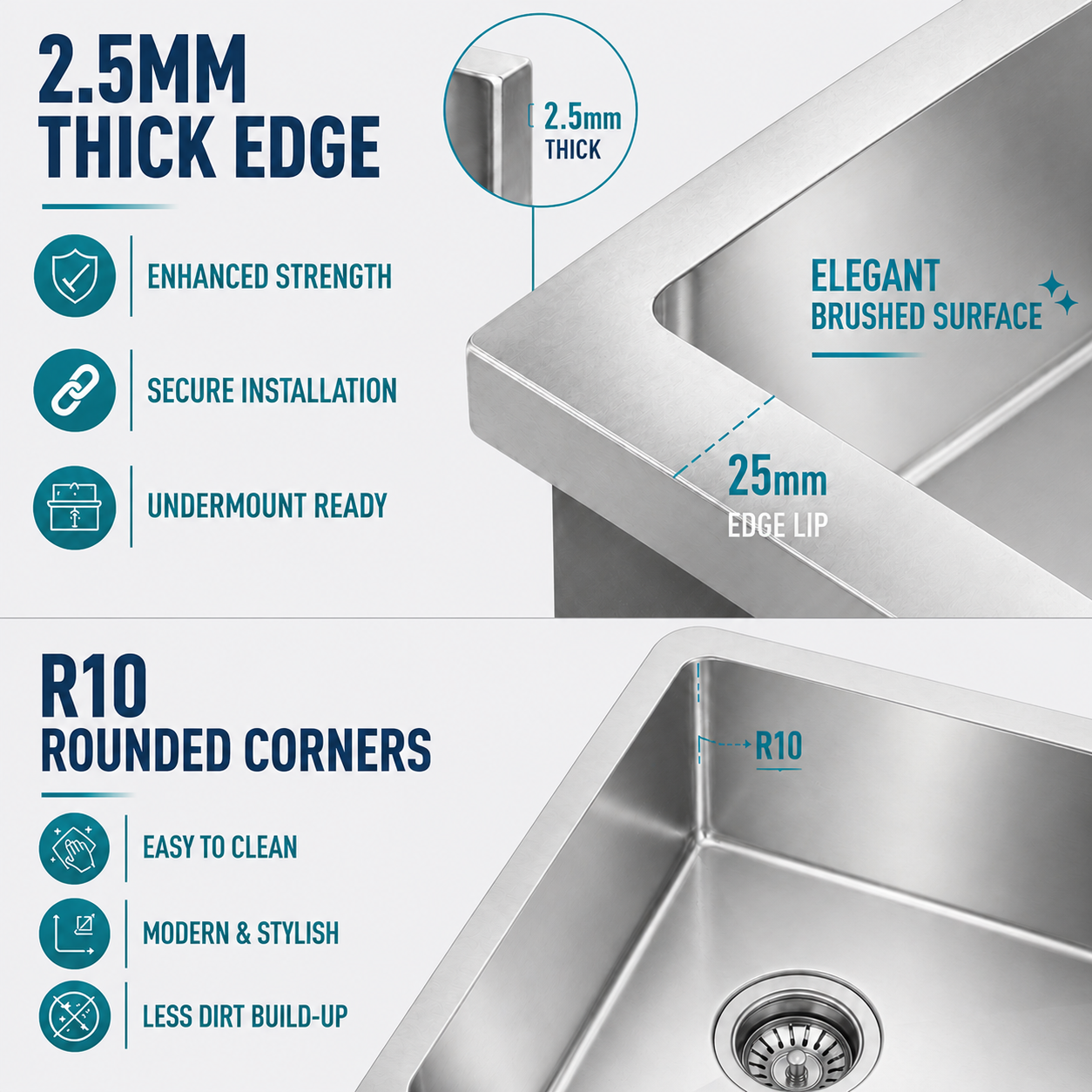 2.5mm Thick Rim Brushed Stainless Steel Kitchen Sink