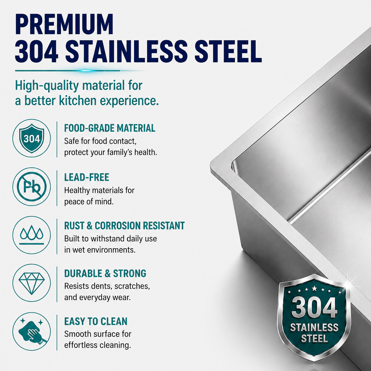 Premium 304 Stainless Steel Kitchen Sink Features