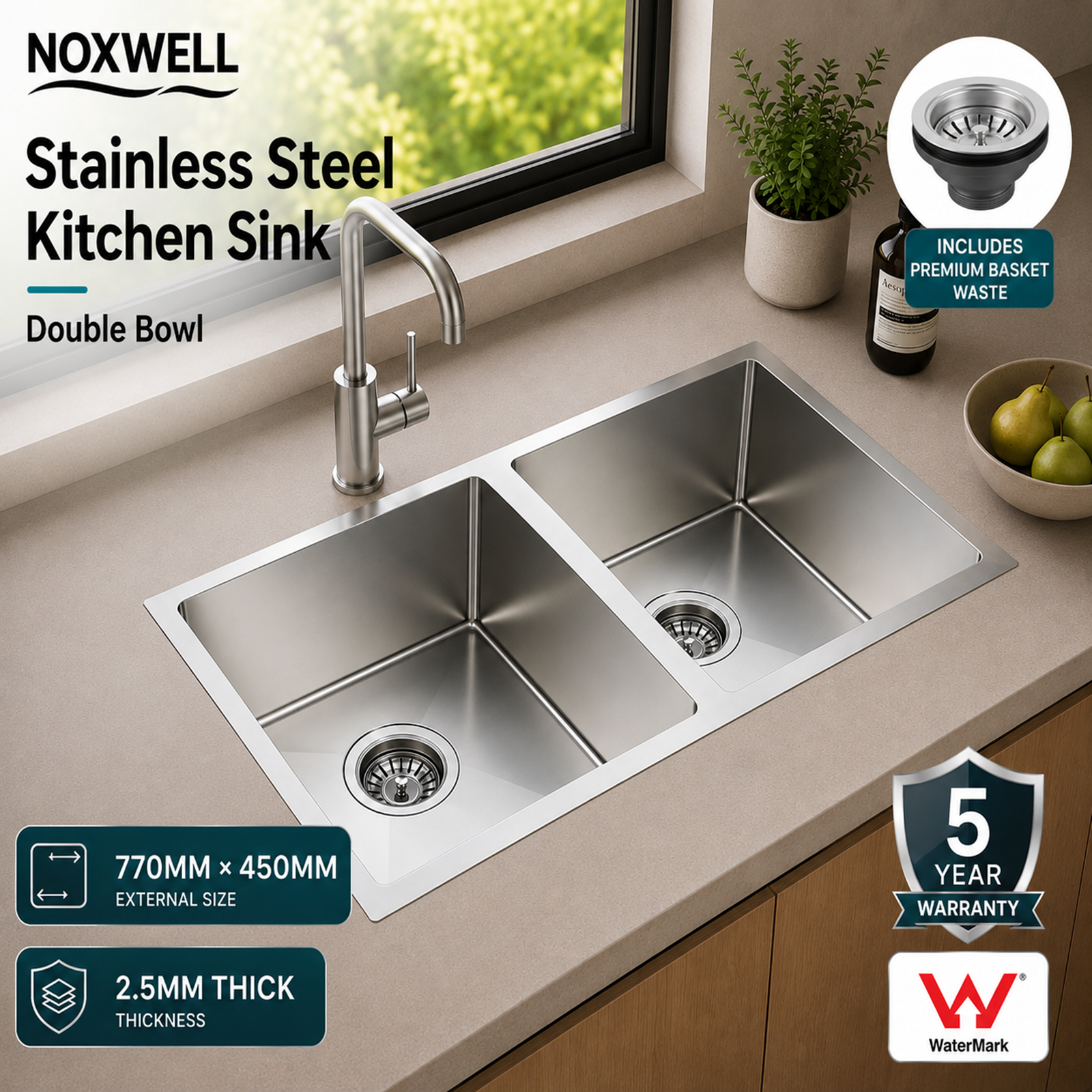 Noxwell 770×450mm Double Bowl Stainless Steel Kitchen Sink