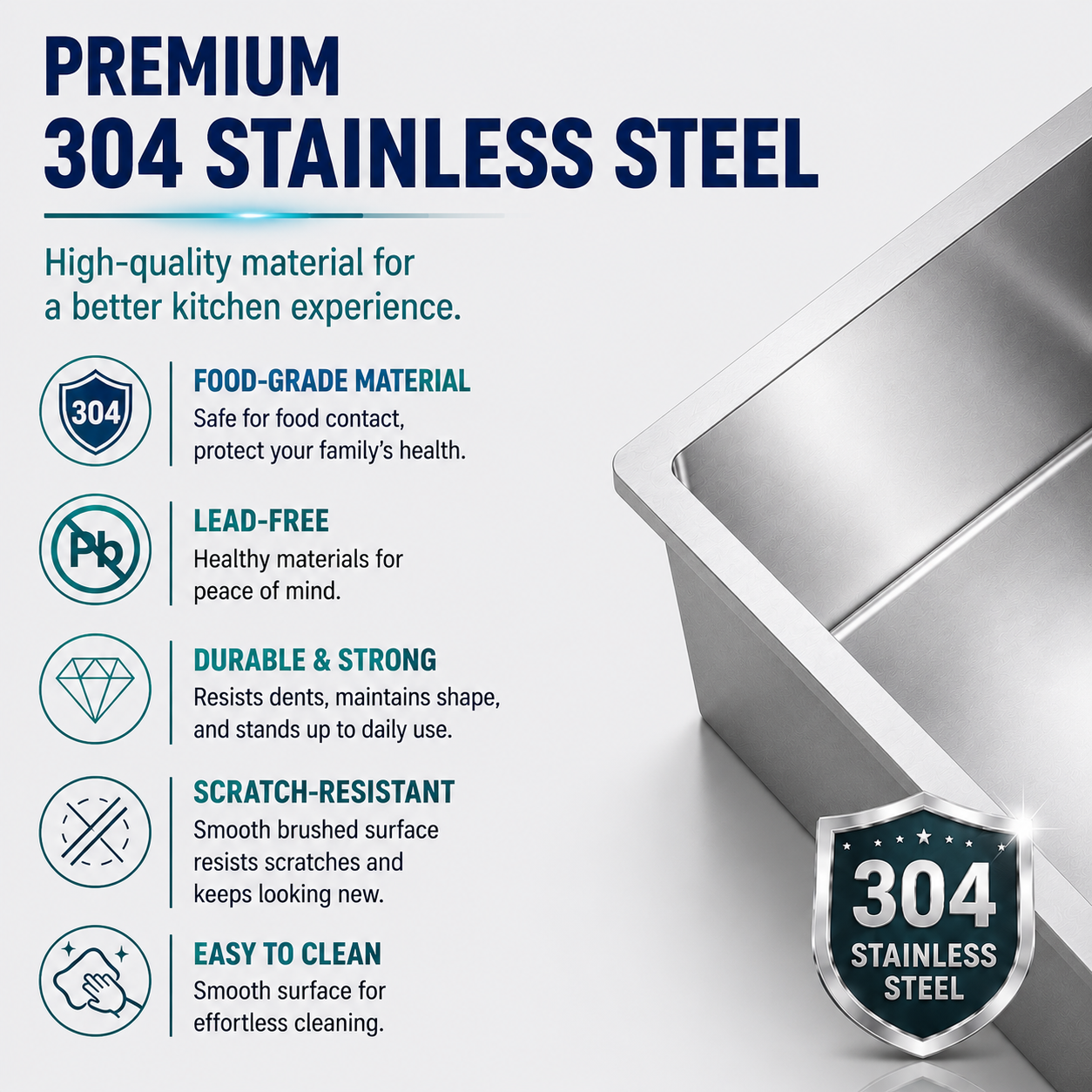 Premium 304 Stainless Steel Double Bowl Kitchen Sink Features