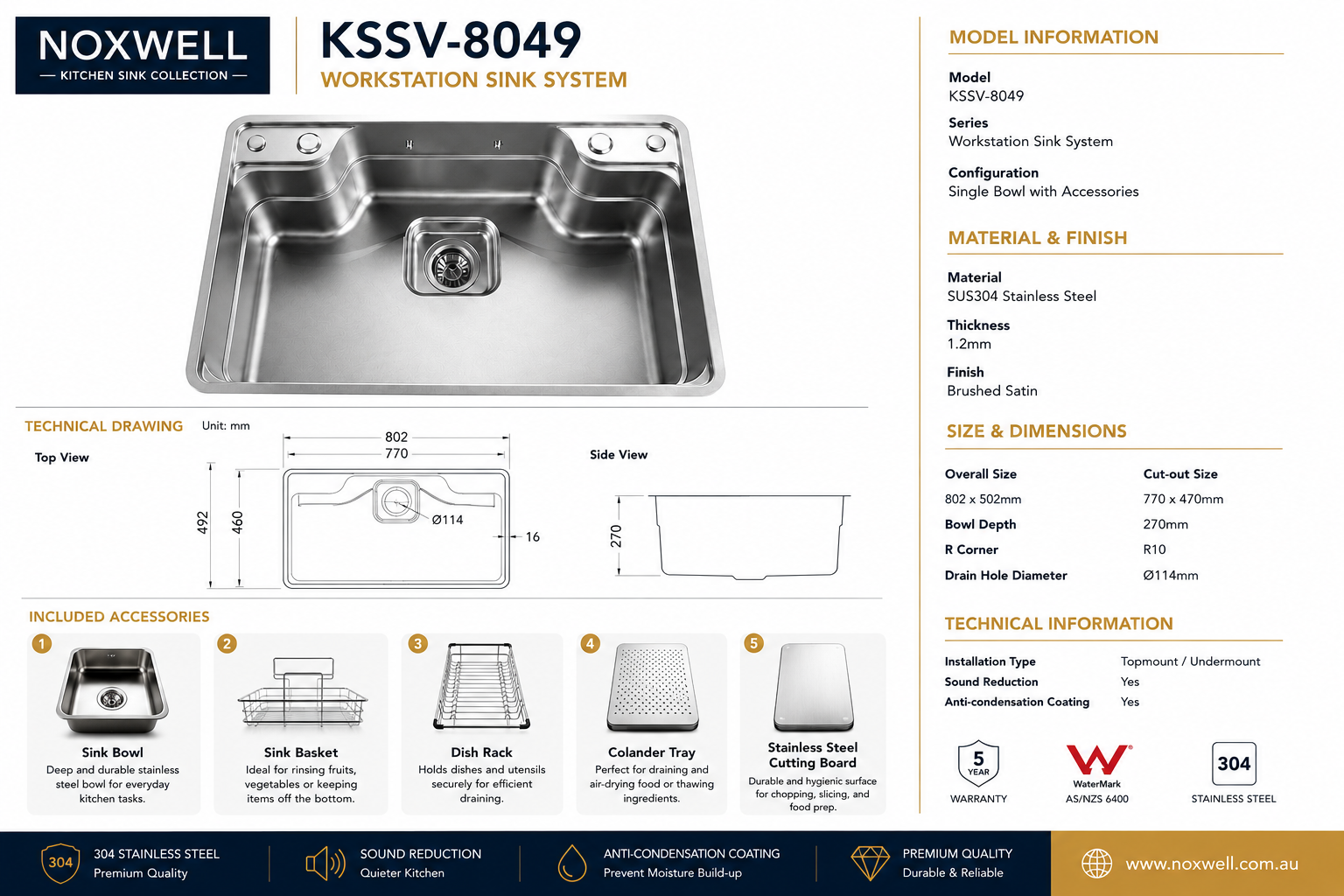 Brushed Stainless Steel Workstation Kitchen Sink Single Bowl with Accessories 802x492mm 270mm Deep Noxwell KSSV-8049 - KSSV-8049 - 802x492mm