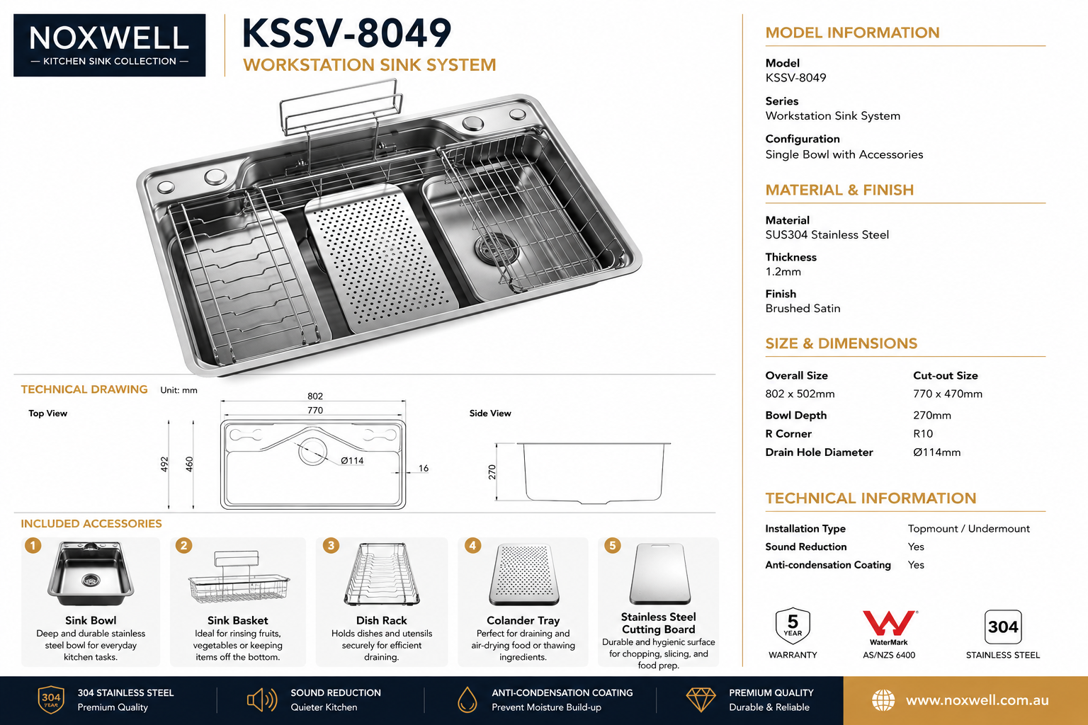 Brushed Stainless Steel Workstation Kitchen Sink Single Bowl with Accessories 802x492mm 270mm Deep Noxwell KSSV-8049 - KSSV-8049 - 802x492mm