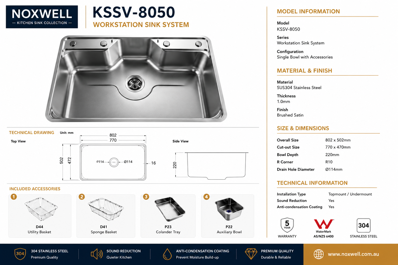Brushed Stainless Steel Workstation Kitchen Sink Single Bowl with Accessories 802x502mm 220mm Deep Noxwell KSSV-8050 - KSSV-8050 - 802x502mm
