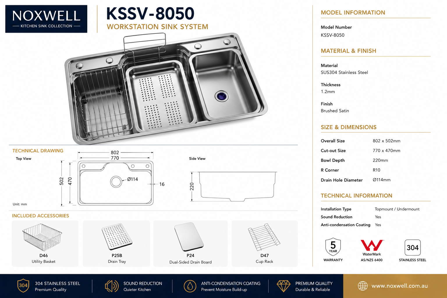 Brushed Stainless Steel Workstation Kitchen Sink Single Bowl with Accessories 802x502mm 220mm Deep Noxwell KSSV-8050 - KSSV-8050 - 802x502mm