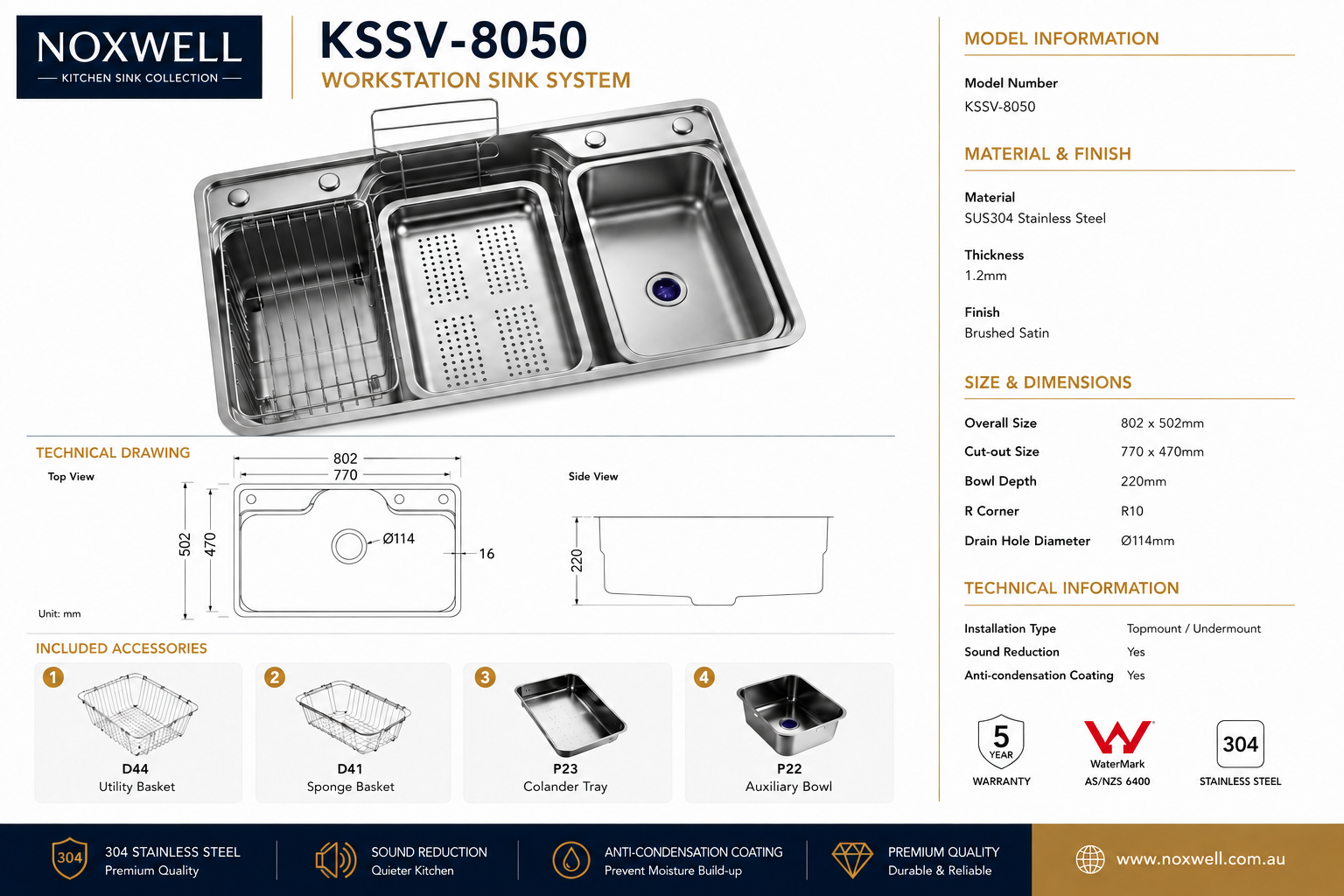 Brushed Stainless Steel Workstation Kitchen Sink Single Bowl with Accessories 802x502mm 220mm Deep Noxwell KSSV-8050
