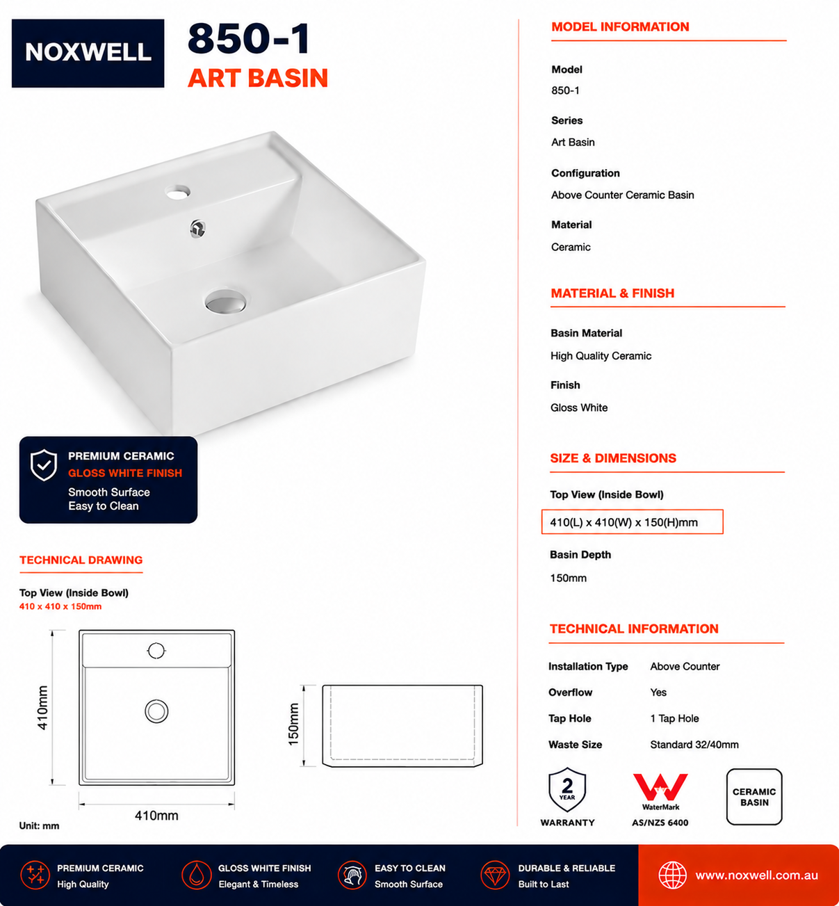 Gloss White Ceramic Art Basin 410x410mm Above Counter Bathroom Sink Noxwell AB-4141