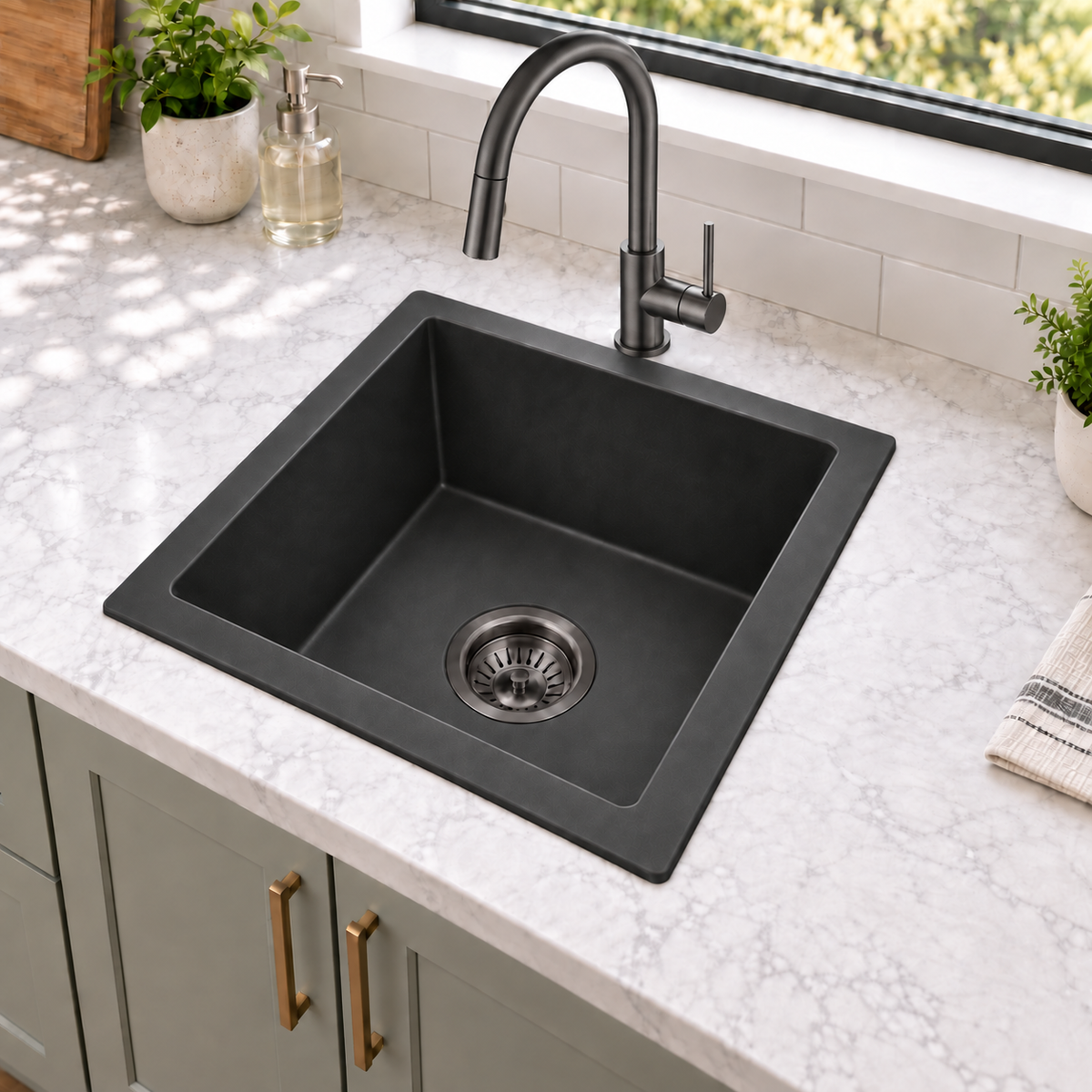 Noxwell KGBL-4545 black granite kitchen sink styled with KMBL-7471 black pull-out mixer