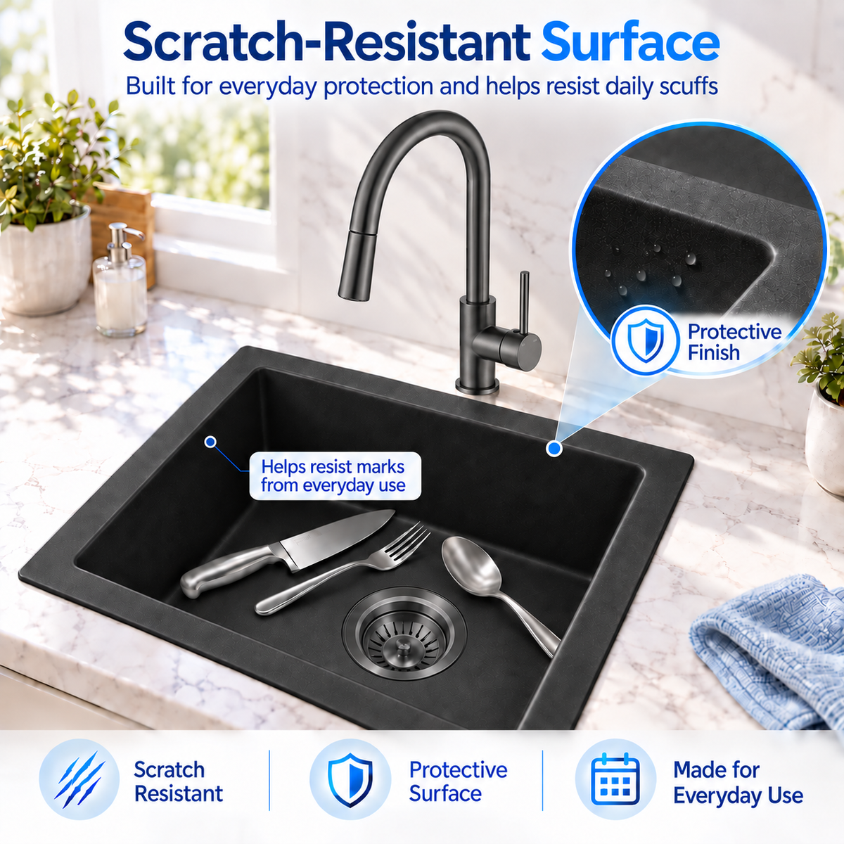 Noxwell KGBL-4545 black granite sink surface illustration with KMBL-7471 black kitchen mixer