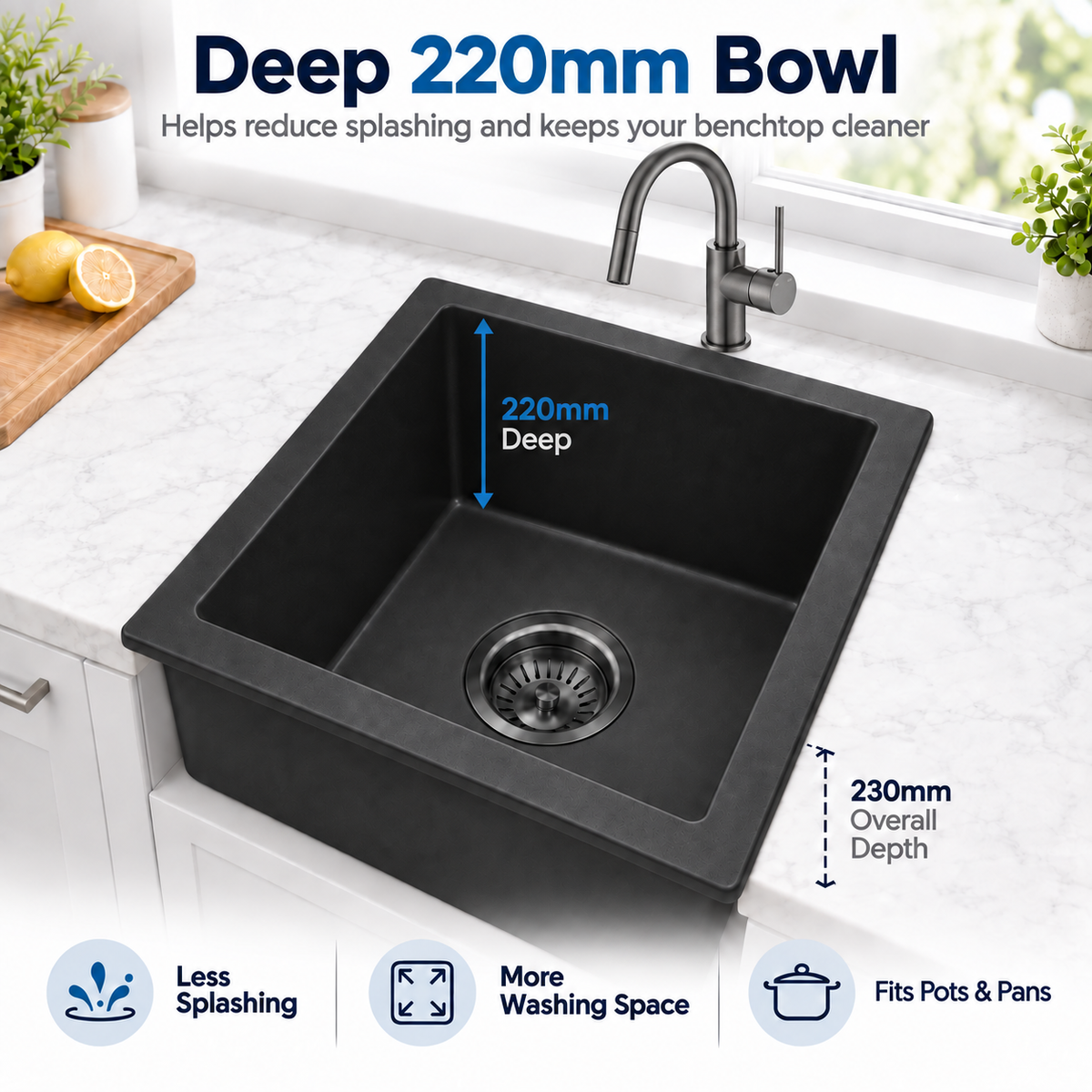 Noxwell KGBL-4545 sink 220 mm bowl depth and 230 mm height with black pull-out kitchen mixer