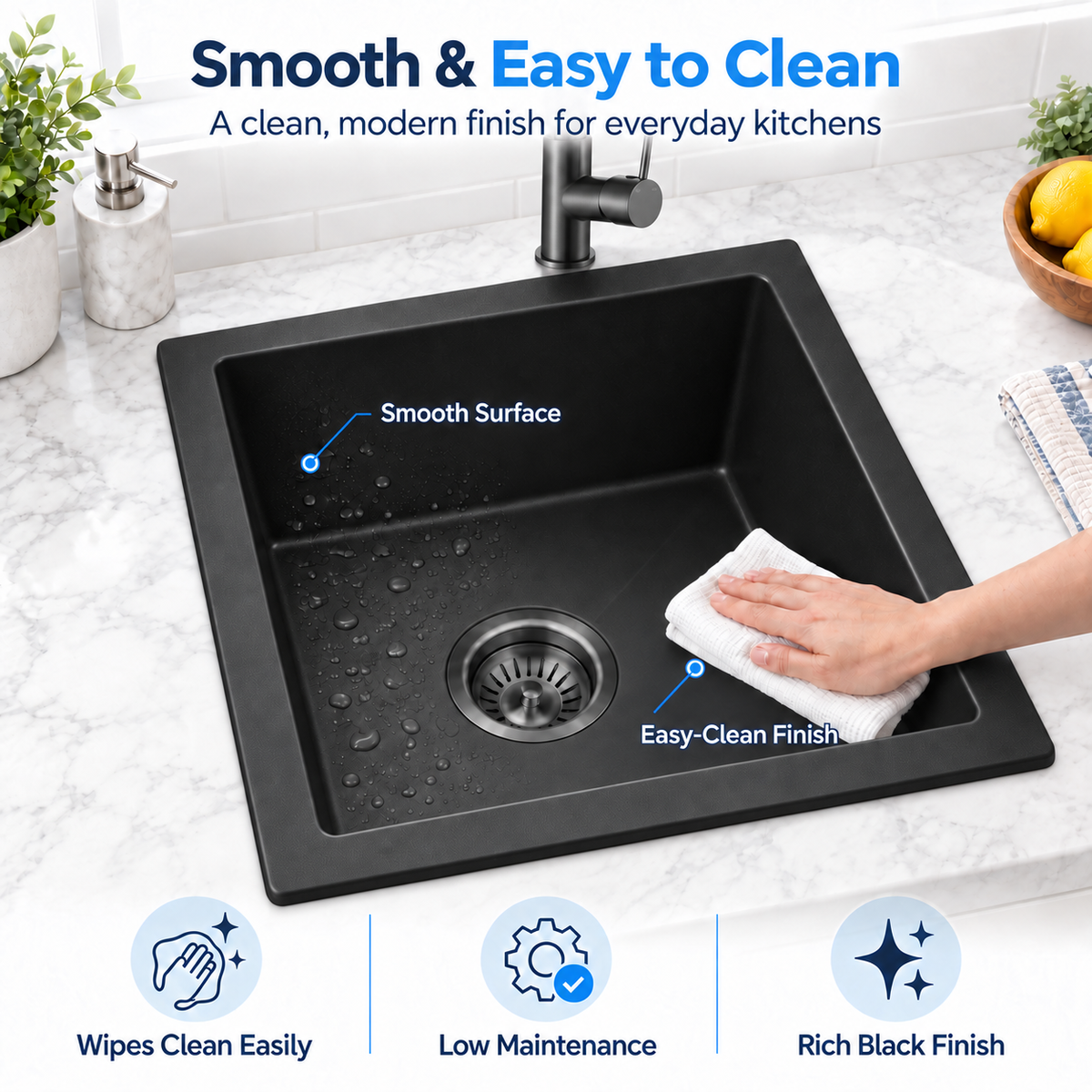 Noxwell KGBL-4545 black granite sink cleaned with a soft cloth beside black kitchen mixer