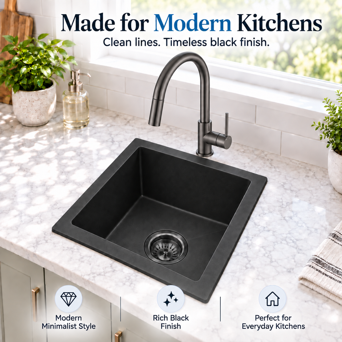 Noxwell KGBL-4545 black granite kitchen sink design paired with KMBL-7471 black pull-out mixer