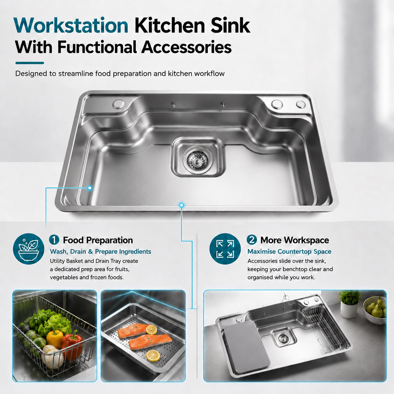 KSSV-7749 workstation kitchen sink dimensions 772x492mm and 270mm deep