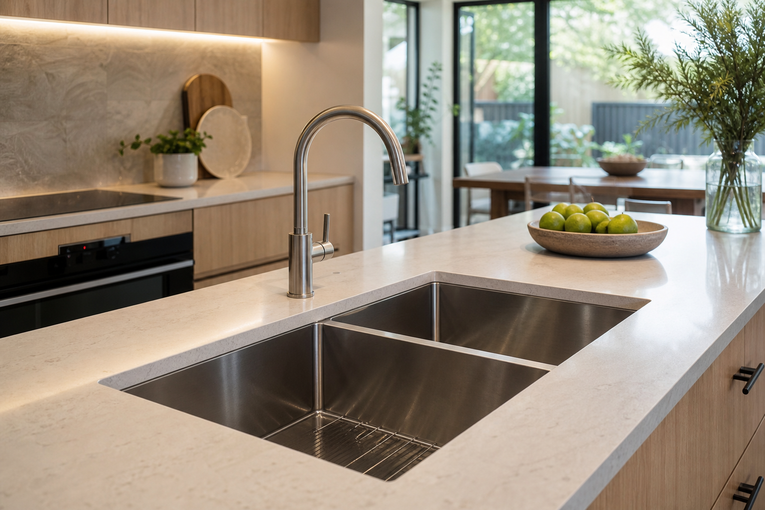 Premium Australian kitchen with stainless steel sink and mixer