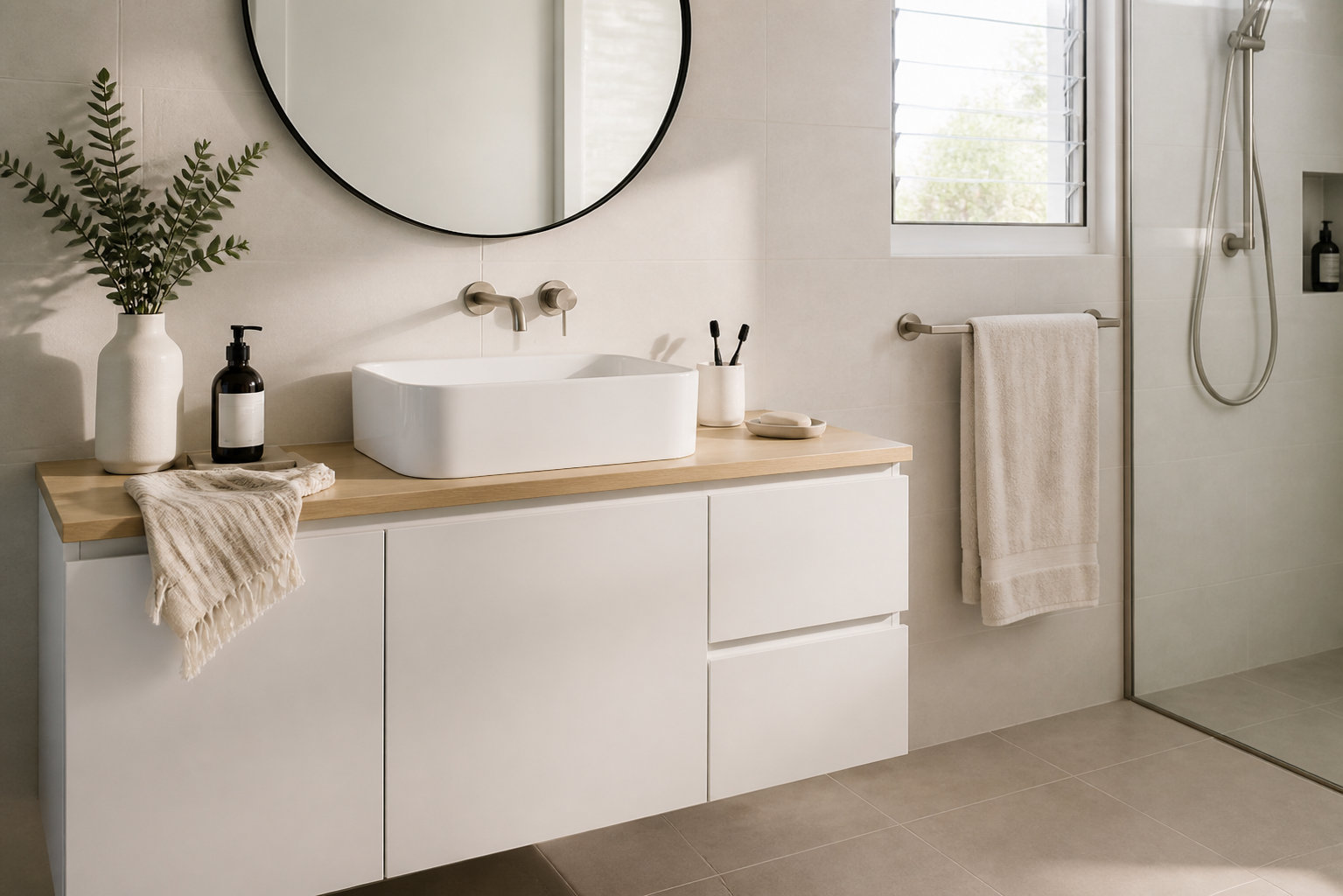 Modern Australian bathroom vanity with white basin and tapware