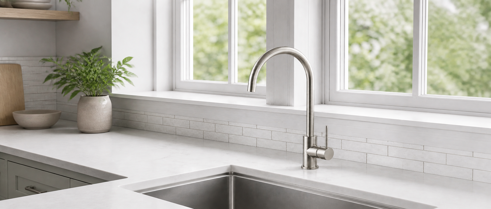 Brushed stainless steel kitchen mixer tap installed above a kitchen sink