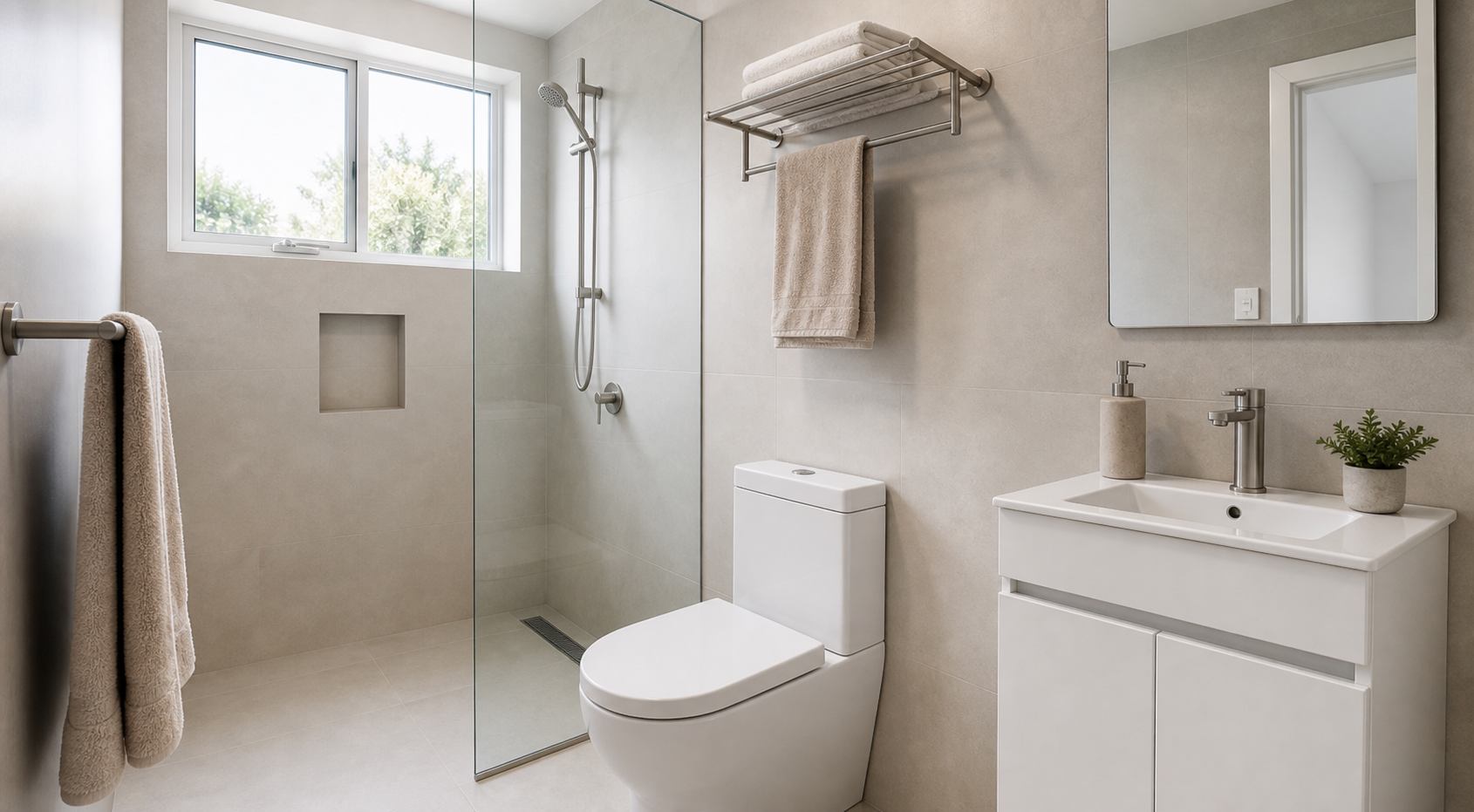 Merrylands granny flat bathroom using Noxwell vanity toilet and stainless steel accessories
