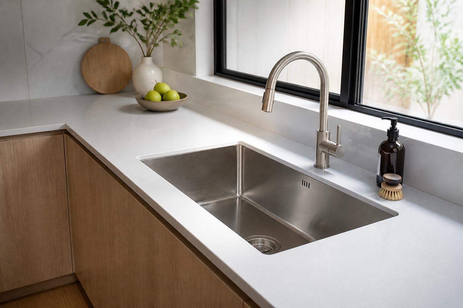 Modern Australian kitchen with stainless steel sink and mixer tap